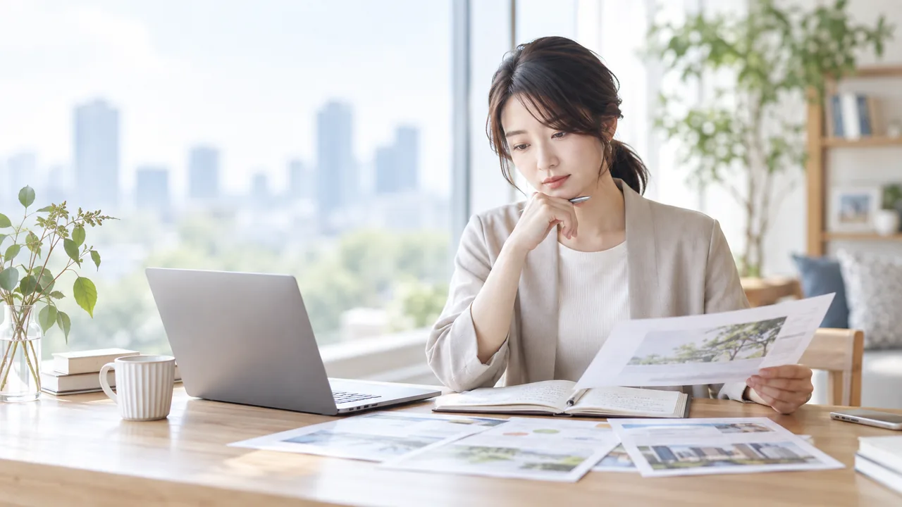 資料を見ながらキャリアを考える女性